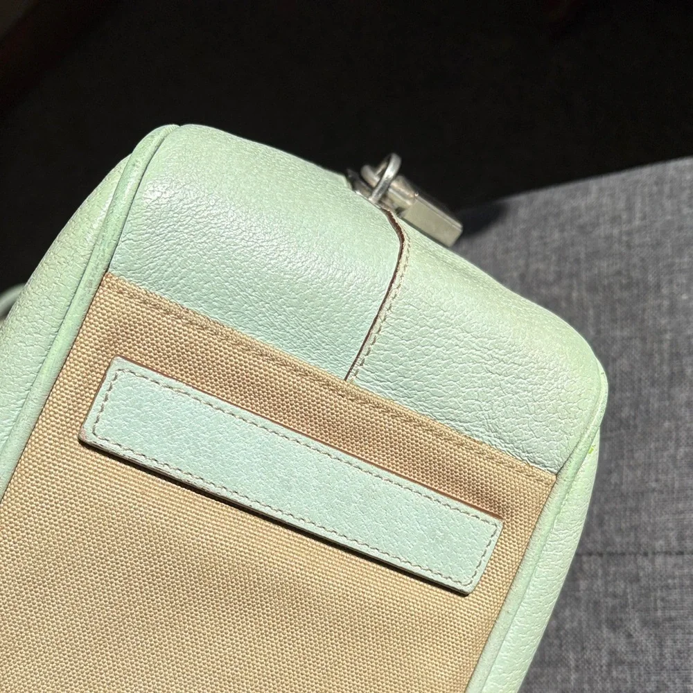 Prada Tan Canvas Shoulder Bag with Sage Green Trim
